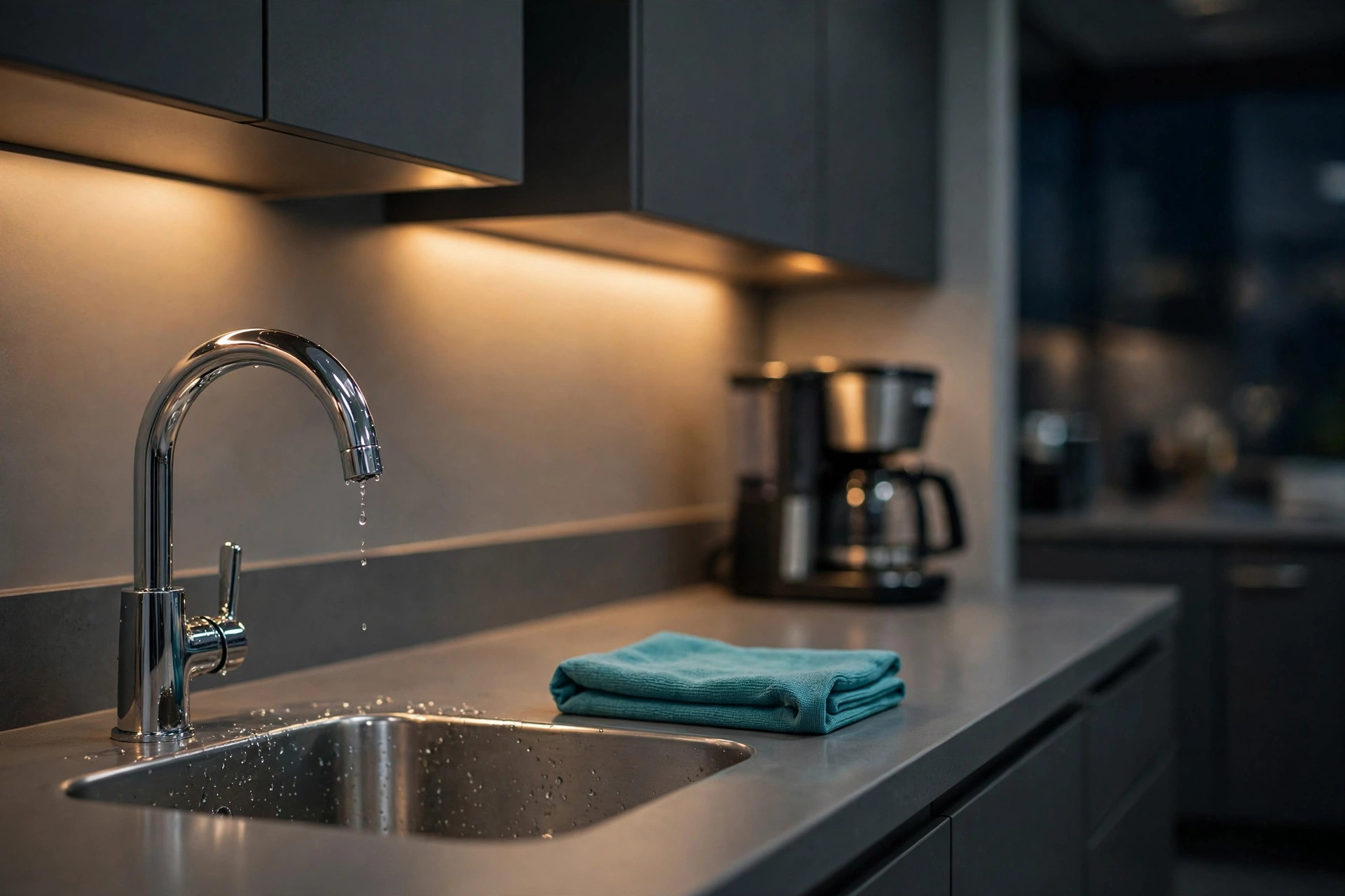 A spotless office breakroom counter in warm evening light