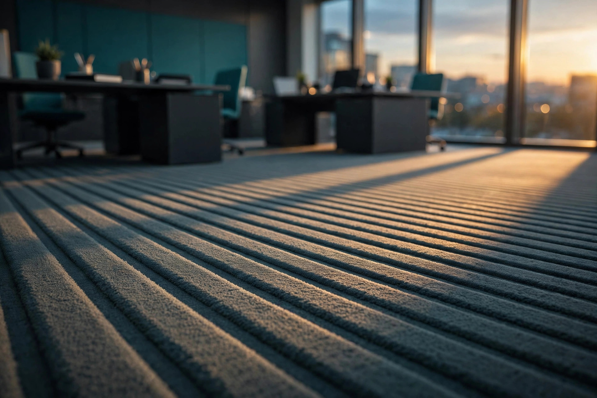 Fresh vacuum lines across an office carpet in evening light
