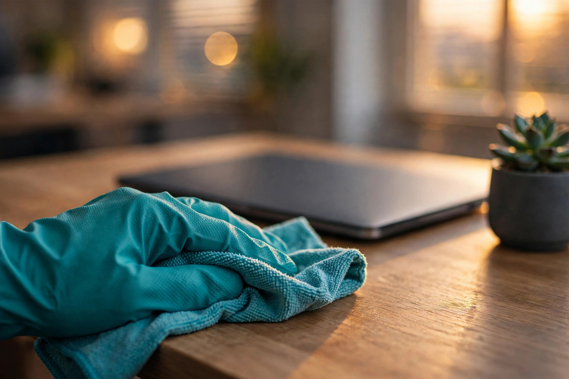 A gloved hand wiping an office desk with a teal cloth at dusk